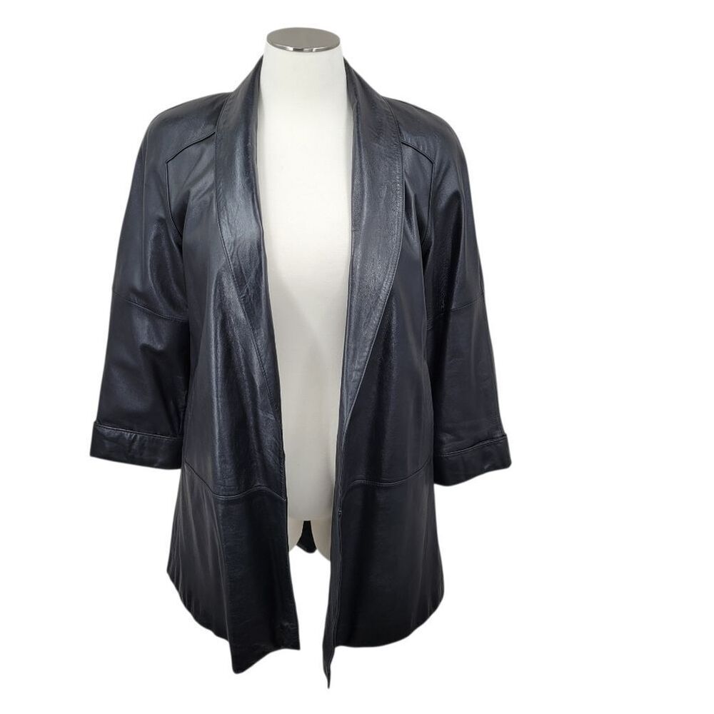 Preston & York Vintage Oversized Black Leather Jacket Longline Trench Open Style